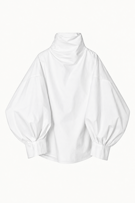 Indulging Top with High Neck in White Cotton Poplin
