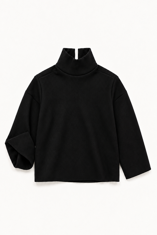 Pullover with Open Dorsal Seam in Black Duffle Wool