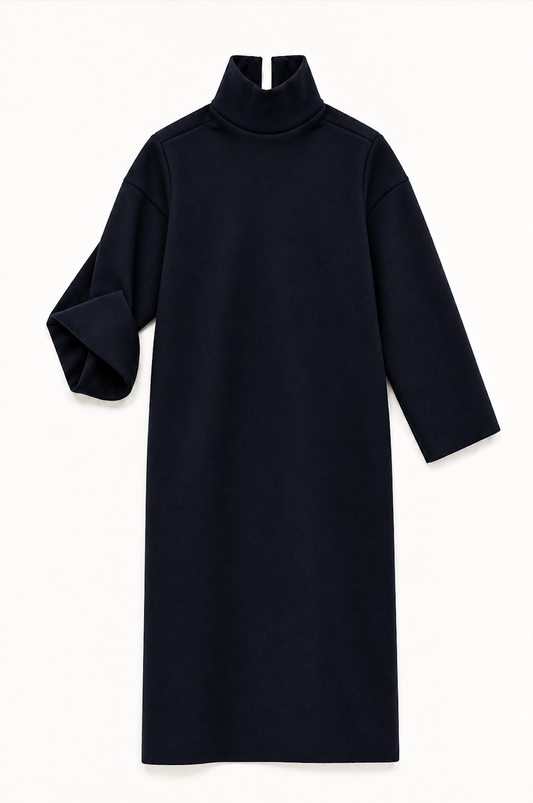 Pullover with Open Dorsal Seam in Navy Duffle Wool (Extended)
